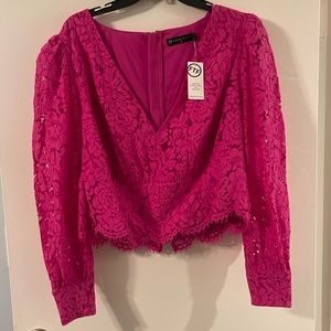 New fashion to figure pink flower print lace puffy arms cropped size O/ XL